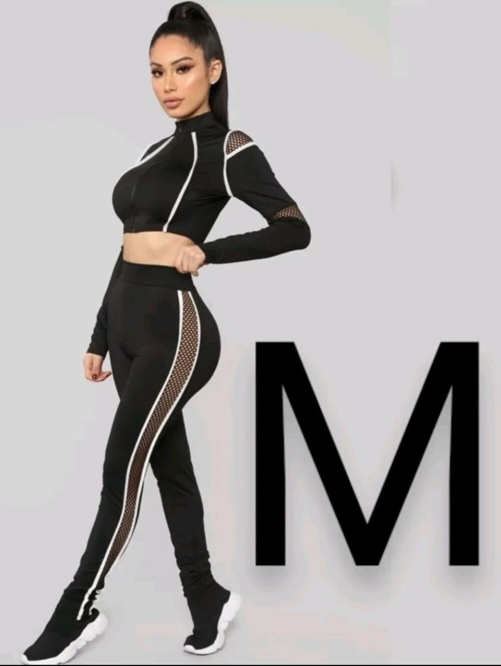 🆕Fashion Nova Black Zipper Fishnet Side Detail Loungewear Pants Set~ SIZE M